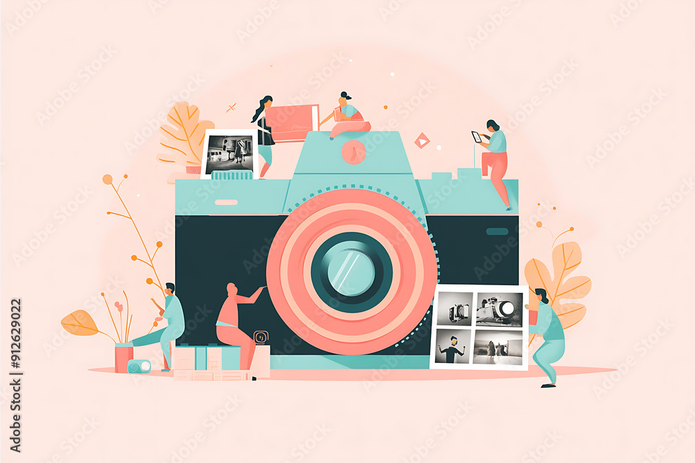 Obraz premium Huge camera and tiny people taking pictures. Photographer with camera, photos of landscapes flat vector illustration. Photography, occupation concept for banner, website design or landing web page
