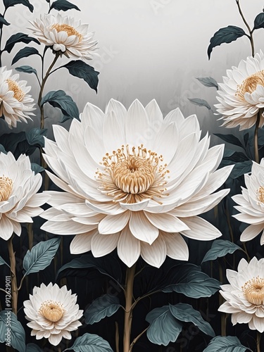 A painting of a field of white flowers with green leaves generative AI illustration