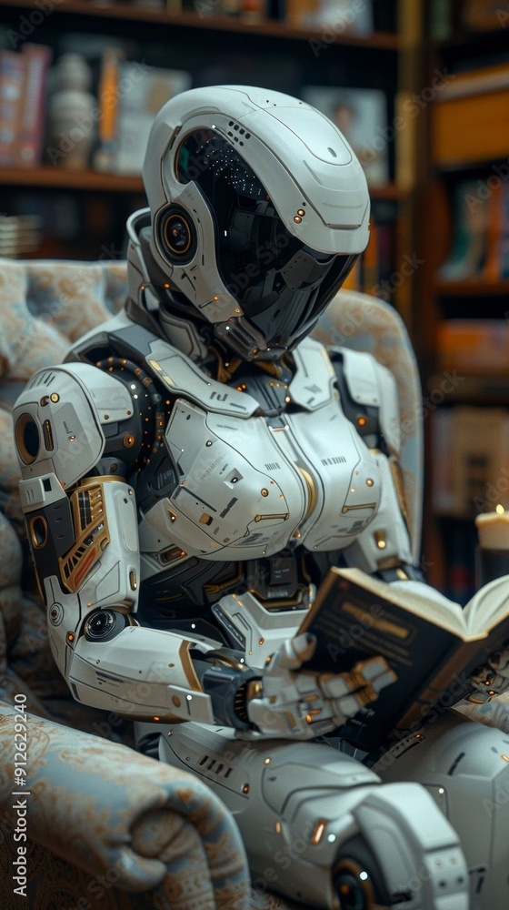 Advanced humanoid robot reading a book while sitting in a cozy armchair in a modern library, showcasing future technology and AI. Advanced humanoid robot reading a book while sitting in a cozy armchair in a modern library, showcasing future technology and AI.