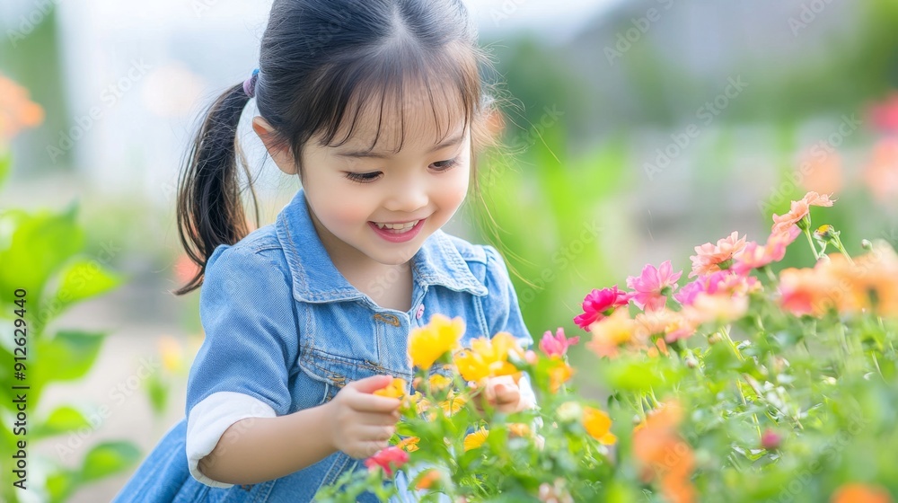 Cheerful Asian girl in a denim dress, playing with flowers in a garden, radiating happiness. Cheerful Asian girl in a denim dress, playing with flowers in a garden, radiating happiness.