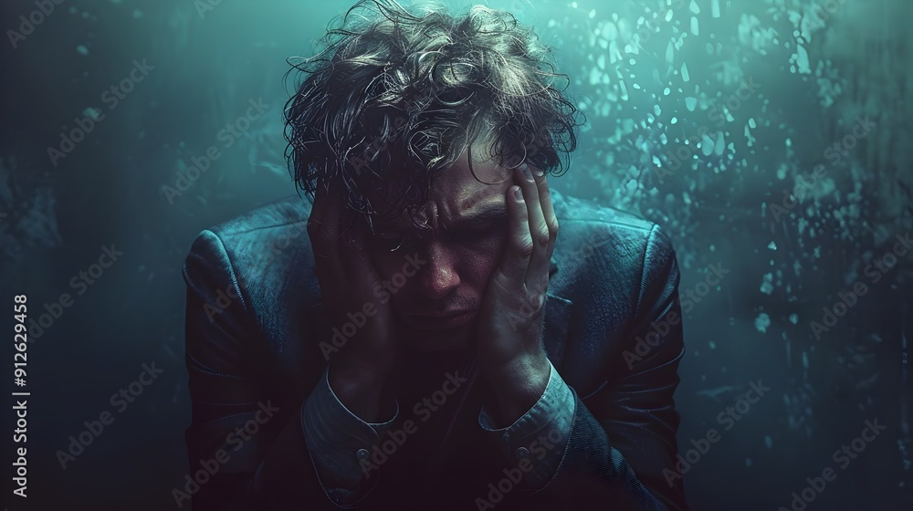 A man is sitting in a dark room with his head down A man is sitting in a dark room with his head down