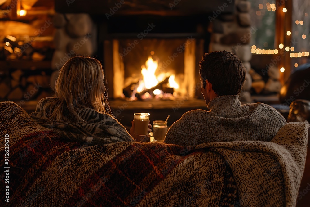 A couple enjoys drinks while relaxing by the warm fireplace A couple enjoys drinks while relaxing by the warm fireplace