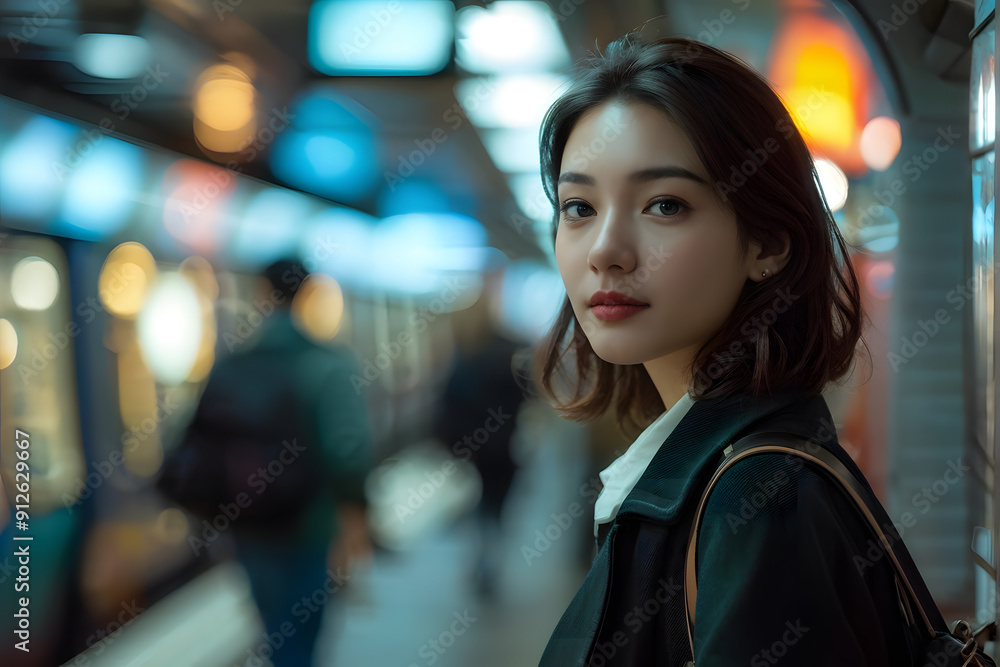 A woman stands in a subway station with a black jacket and a black purse A woman stands in a subway station with a black jacket and a black purse