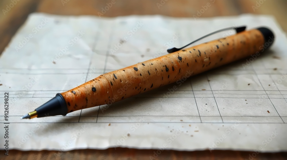 A pen with a black tip and a brown body sits on a piece of paper A pen with a black tip and a brown body sits on a piece of paper