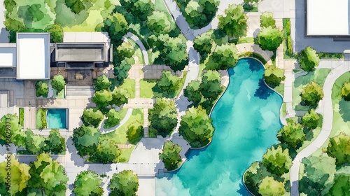 Intricate watercolor design of an urban park layout, detailed pathways, water features, and green spaces, soft earthy tones, realistic elements, high-resolution, showcasing the harmony between archite photo