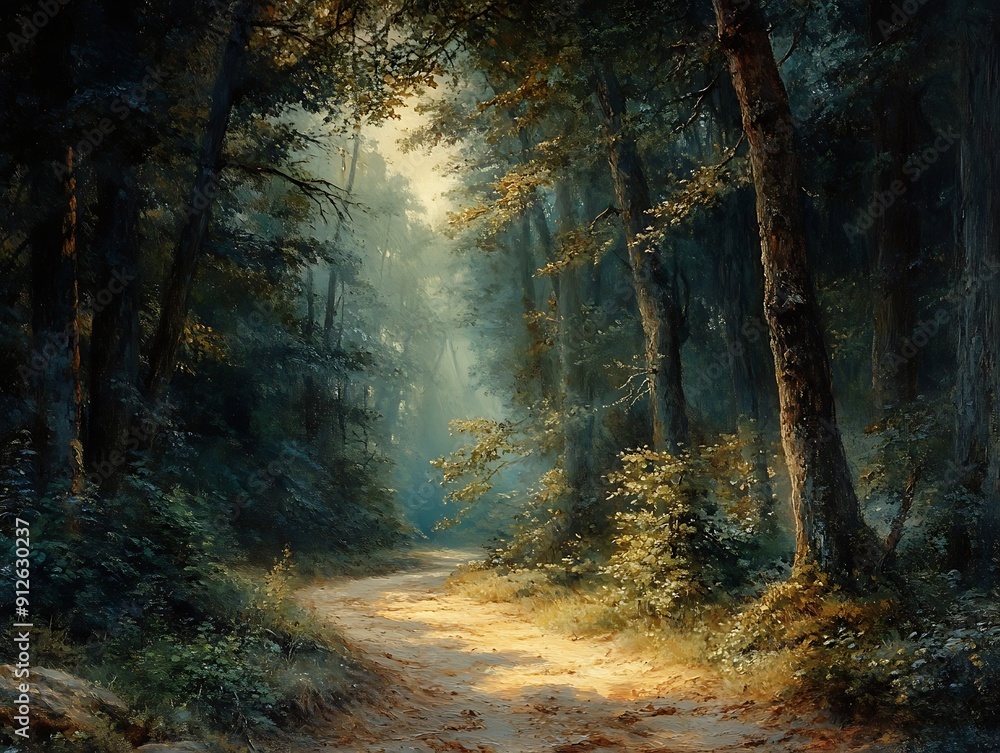 Naklejka premium A tranquil path meanders through dense trees, illuminated by soft afternoon sunlight