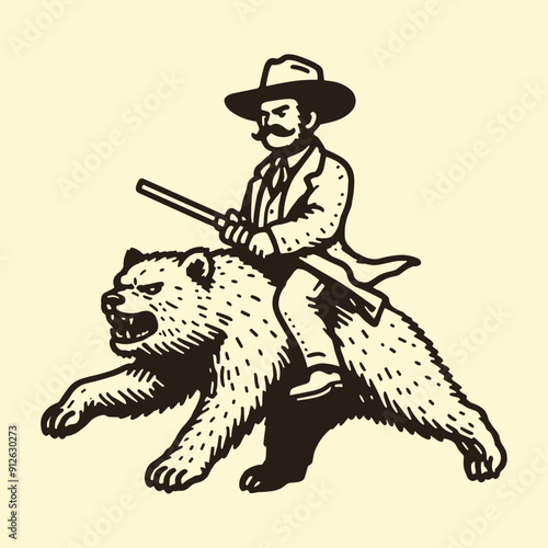 cowboy riding a bear vintage doodle sketch