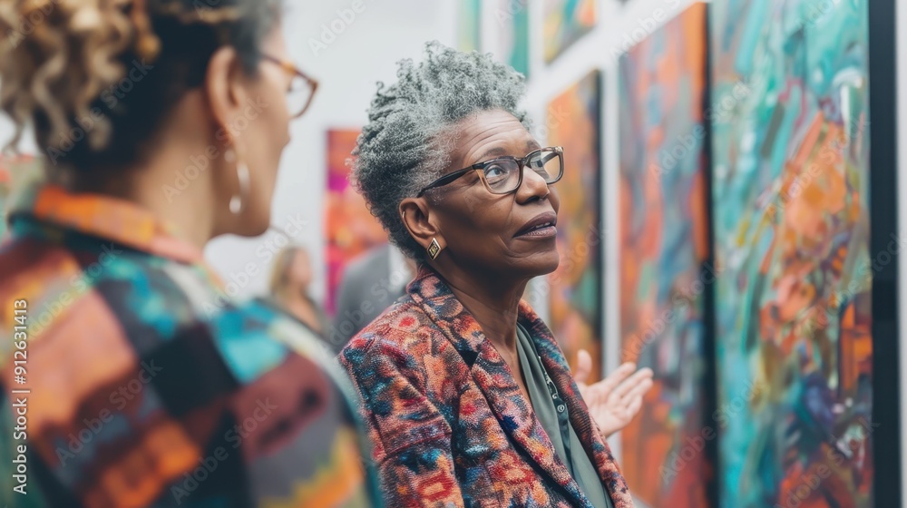 Obraz premium A group of art lovers discusses the vibrant artworks displayed on the gallery walls