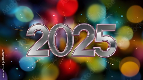 Captivating Illustration Featuring the Numbers 2025 in Shiny Metallic with Colorful Bokeh Background