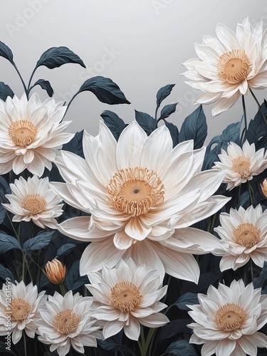 A painting of a field of white flowers with blue leaves generative AI illustration