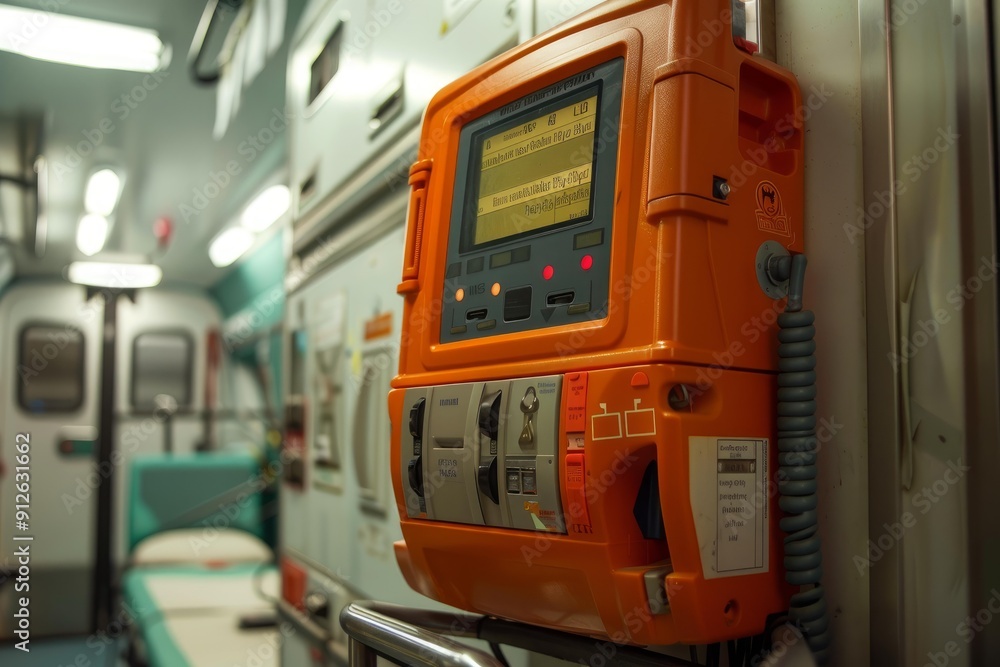 Modern emergency defibrillator is hanging in an empty ambulance, waiting for its next use Modern emergency defibrillator is hanging in an empty ambulance, waiting for its next use
