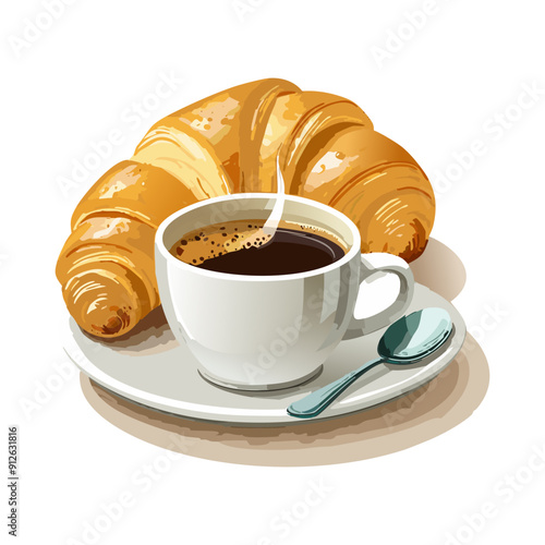 Morning breakfast delight featuring coffee and croissant on a white plate