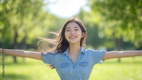 Cheerful Asian girl in a denim dress, standing in a park with a joyful expression.