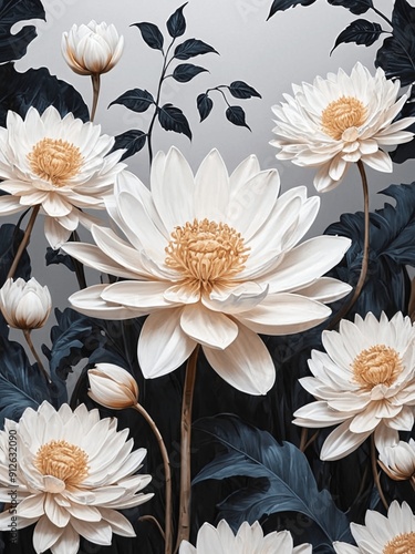 A painting of a field of white flowers with a blue background generative AI illustration