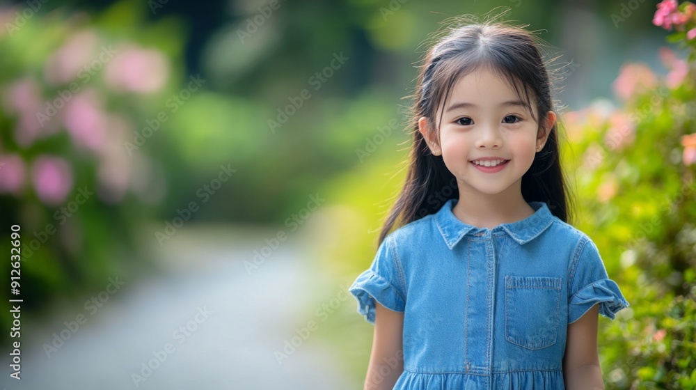 Cheerful Asian girl in a denim dress, walking along a path, looking happy and carefree. Cheerful Asian girl in a denim dress, walking along a path, looking happy and carefree.