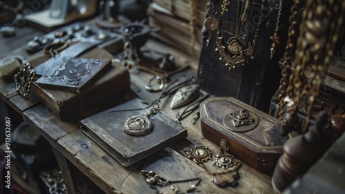 Magical scene with amulets and talismans on a rustic table in a photo