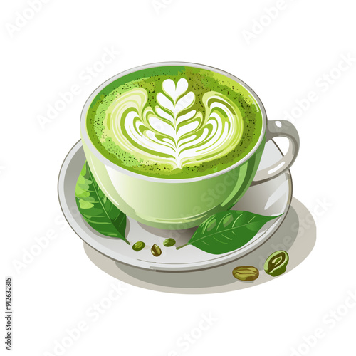 Creamy matcha latte with decorative leaf design in a cozy cafe setting during afternoon break