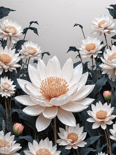 A painting of a field of white flowers with a blue background generative AI illustration