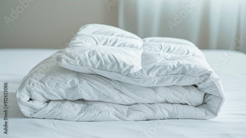 White folded blanket lying on white bed background