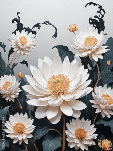 A painting of a bunch of white flowers with green leaves generative AI illustration