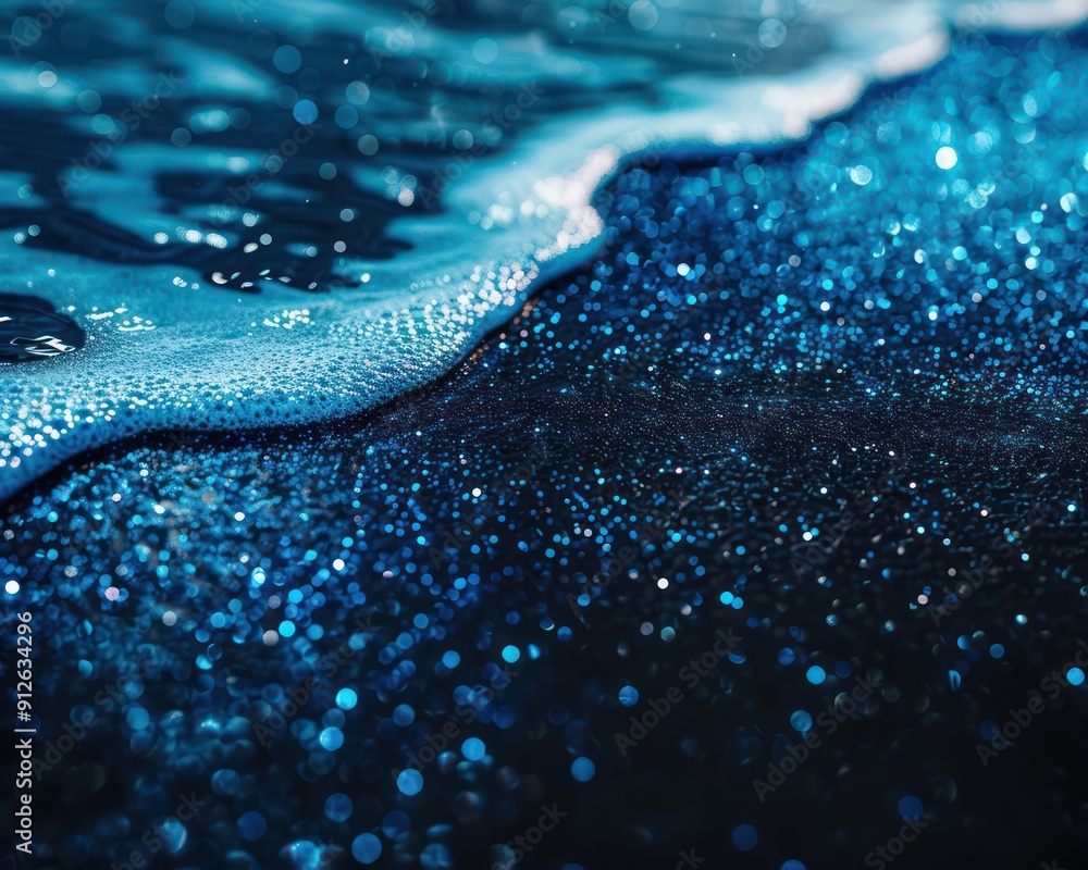 Close-up of Sparkling Blue Sand on a Beach with a Gentle Wave Breaking on the Shore The Radiant Blue Grains Reflect the Sunlight, Creating a Shimmering Effect The Horizon Blends with the Sky Close-up of Sparkling Blue Sand on a Beach with a Gentle Wave Breaking on the Shore The Radiant Blue Grains Reflect the Sunlight, Creating a Shimmering Effect The Horizon Blends with the Sky