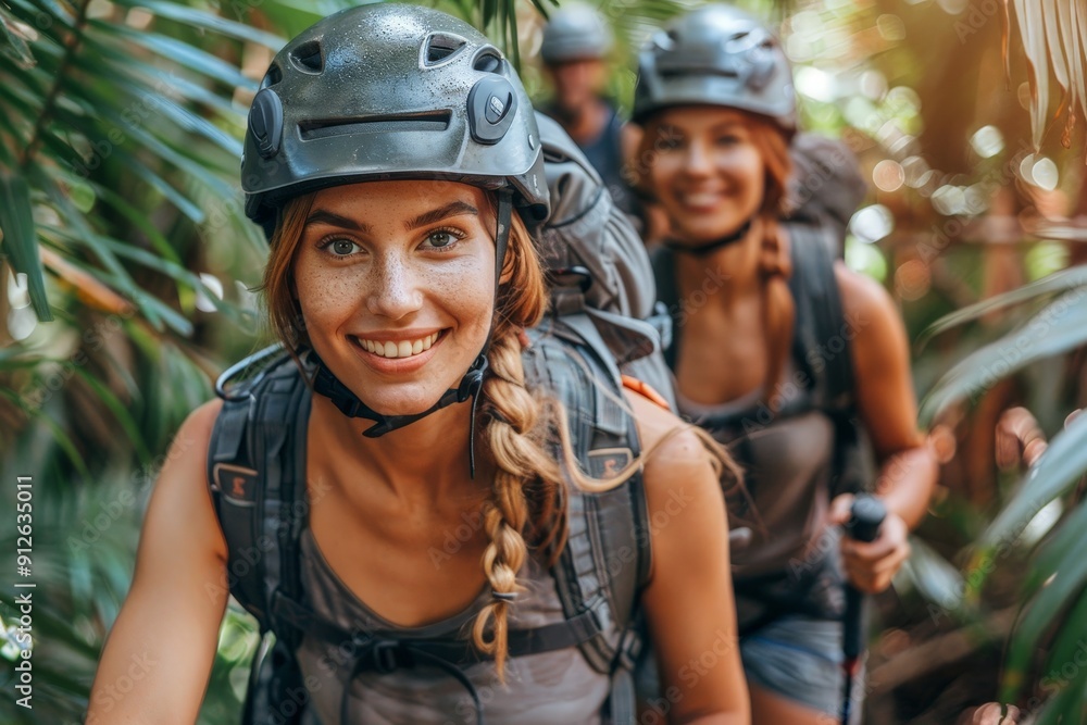 A group of friends enjoying a hike in the mountains, helping each other along the path A group of friends enjoying a hike in the mountains, helping each other along the path