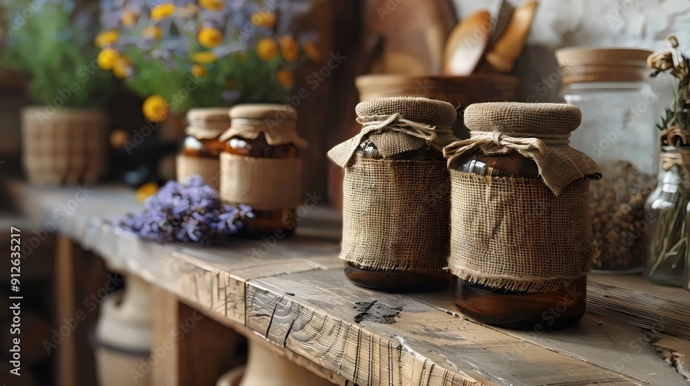 Three jars with brown lids and brown cloths on a wooden table Three jars with brown lids and brown cloths on a wooden table