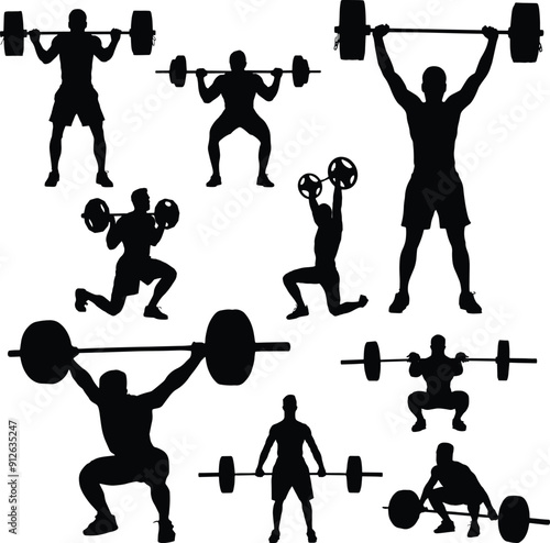 set of men's gym activities silhouettes, lifting weights for diet, suitable for sport template design.	
