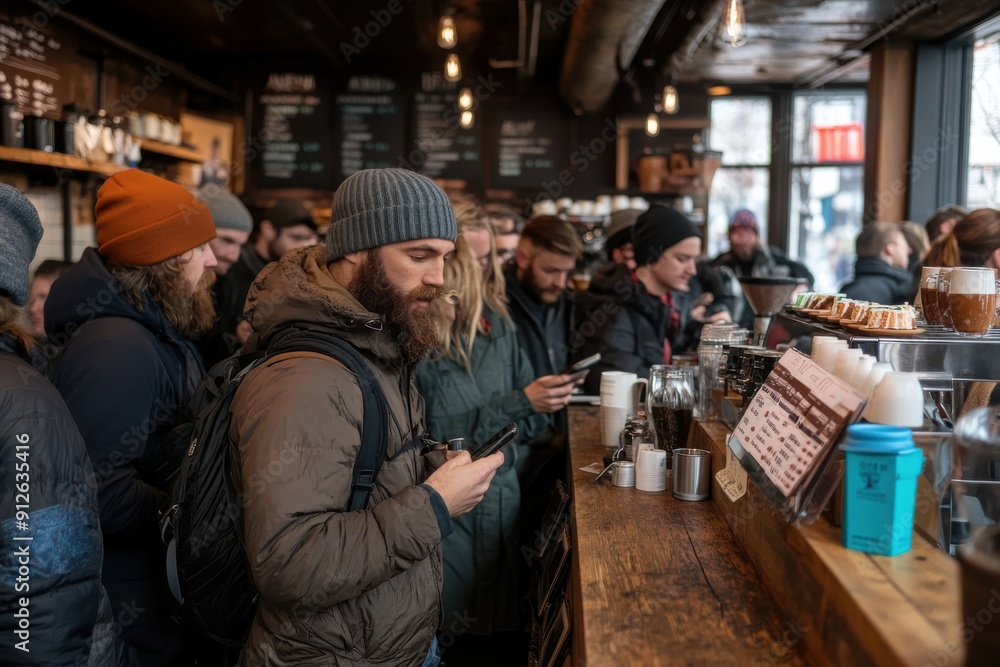 Naklejka premium A busy coffee shop filled with patrons wearing winter attire, gathered around the counter while baristas prepare drinks, capturing the warmth and communal atmosphere.
