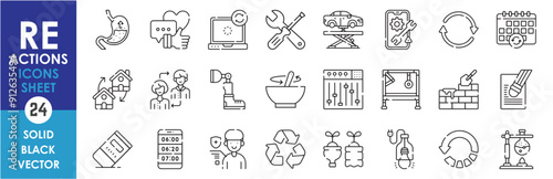 A set of line icons related to re-doing actions. Reuse, reaction, rework, recycle, reform, repair, replace, remix, rebuild, and so on. Vector outline icons set.