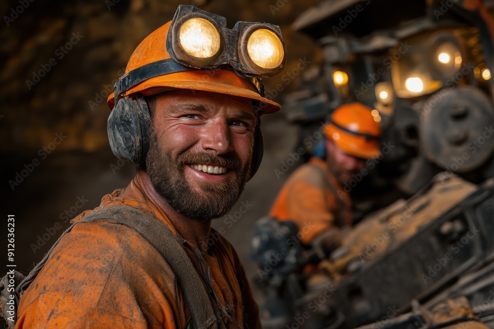 A smiling miner, with dirt on his face, wears protective gear including a helmet with headlamp, standing in an underground environment, exemplifying hard work and resilience. A smiling miner, with dirt on his face, wears protective gear including a helmet with headlamp, standing in an underground environment, exemplifying hard work and resilience.