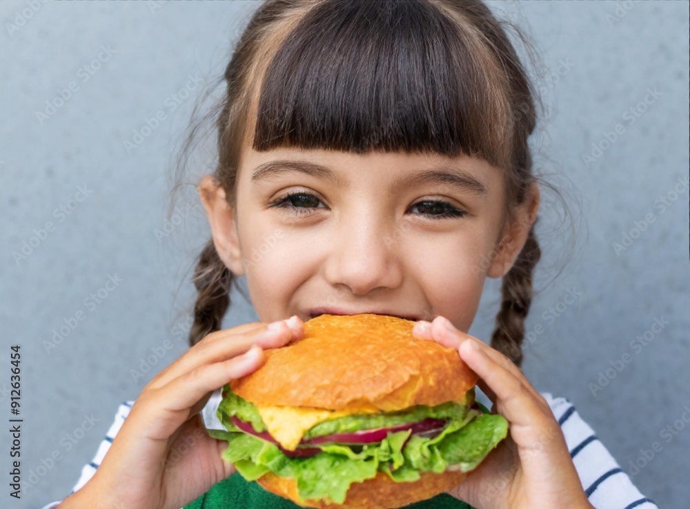 The little girl is eating a healthy baked sweet potato burger with a whole grains bun, guacamole The little girl is eating a healthy baked sweet potato burger with a whole grains bun, guacamole