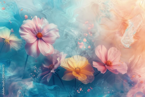 Delicate Pink and Yellow Flowers in a Dreamy Blue and Orange Swirl