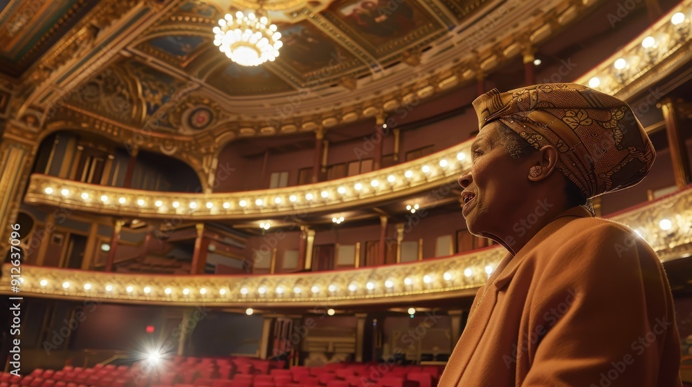 Fototapeta premium An elderly woman stands thoughtfully in a historic theater, recalling her past performances under warm stage lights