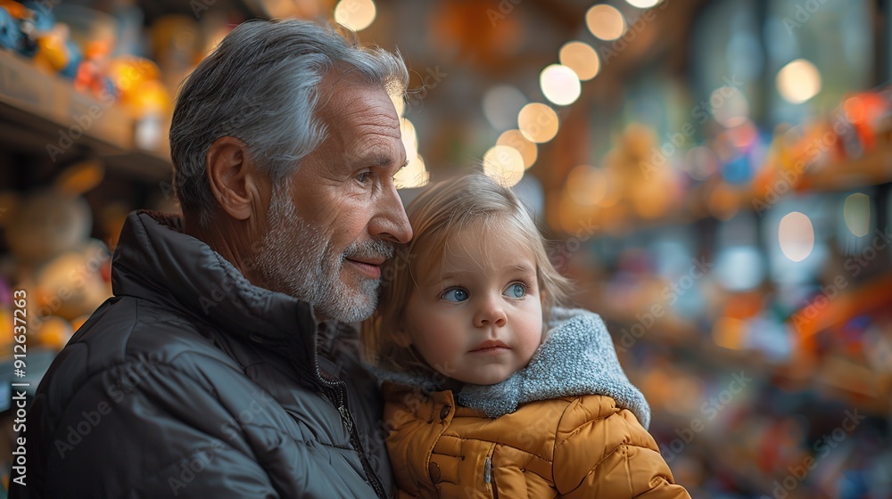 Grandfather and granddaughter looking at toys Grandfather and granddaughter looking at toys