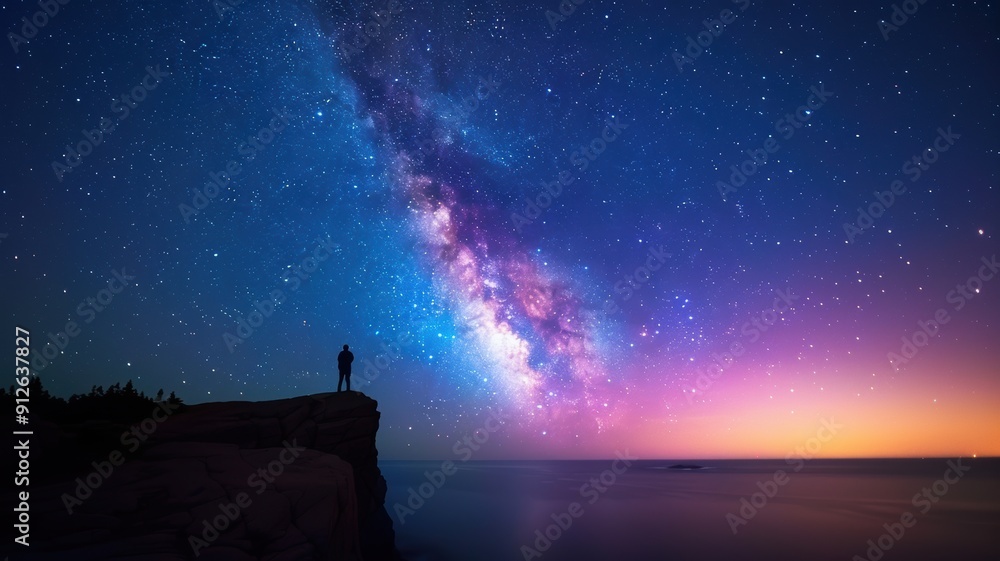 A breathtaking view of the Milky Way shining brightly over a calm ocean, with a figure gazing at the starry night sky. A breathtaking view of the Milky Way shining brightly over a calm ocean, with a figure gazing at the starry night sky.