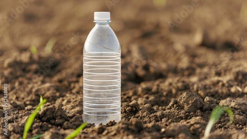 A plastic water bottle stands alone on dry soil, highlighting environmental concerns and waste in nature.