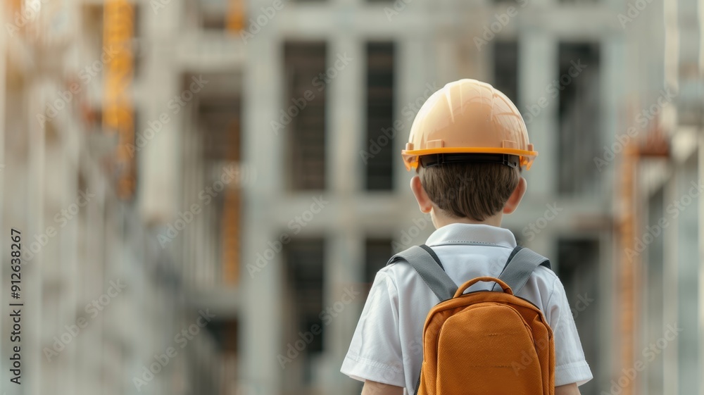 A young boy in a hard hat stands before a construction site, envisioning his future as a builder or architect with dreams and aspirations. A young boy in a hard hat stands before a construction site, envisioning his future as a builder or architect with dreams and aspirations.