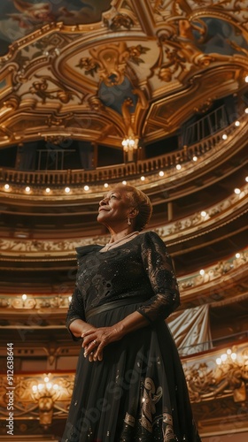 A woman in a black gown stands confidently in a lavish theater, admiring the ornate ceiling and ambiance