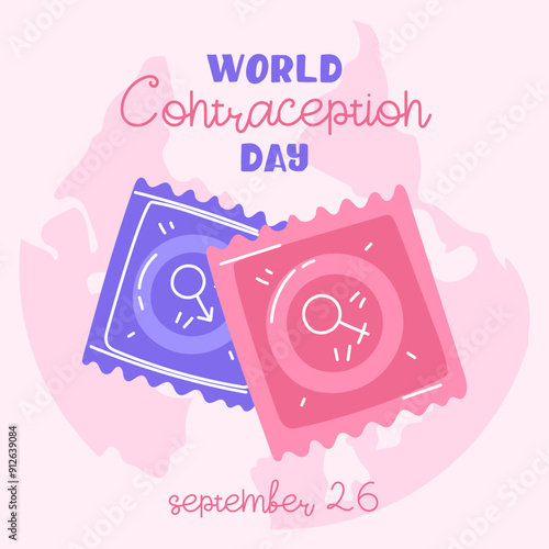World Contraception Day, September 26. Contraceptives for safe sex male and female condom with earth. Methods of birth control. square blue, pink banner about sex education. Vector flat illustration.