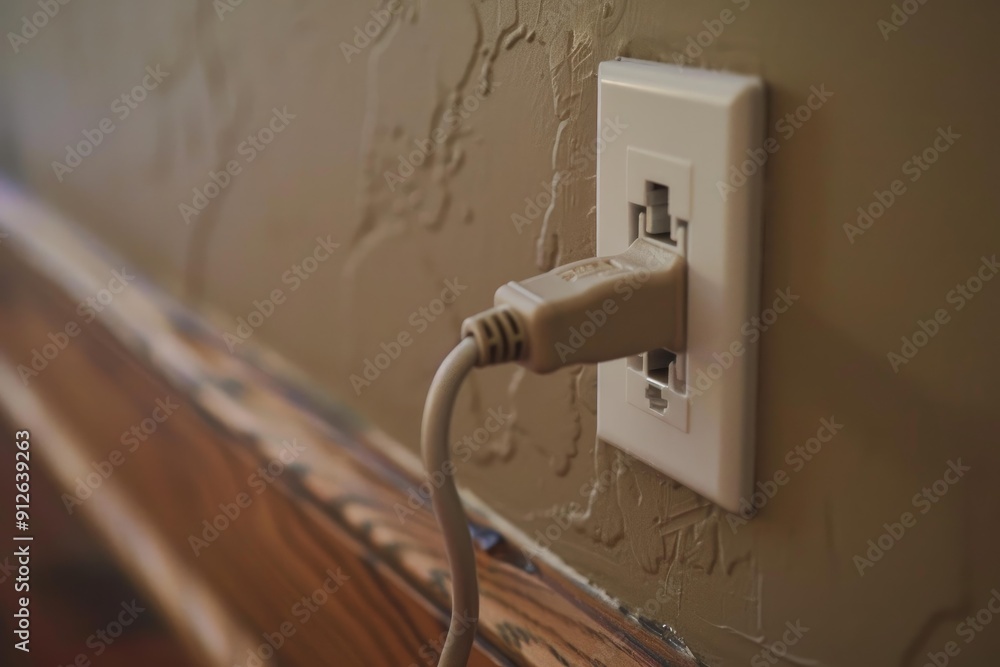 White electrical power cord is plugged into an outlet on a wall White electrical power cord is plugged into an outlet on a wall