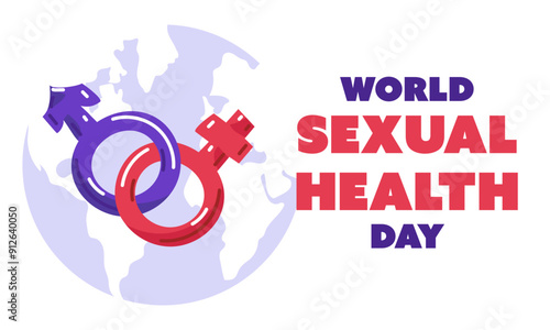 World Sexual Health Day concept background. horizontal banner. flat illustration with contraceptives and male and female sex symbols in pink and blue on background earth. Sex education, birth control.