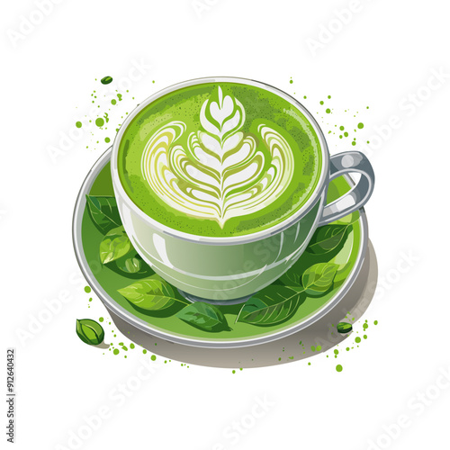 Delicious matcha latte served in a cozy cafe with fresh green tea leaves