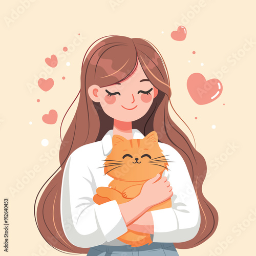 Girl hugging a cat illustration, vector 