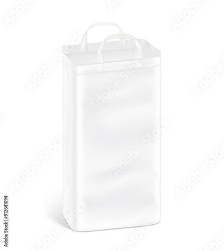 Stand bag with handle mockup. Vector illustration isolated on white background. Ready for your design. Suite for the presentation of diaper, wet wipes, foods, household, etc. EPS10