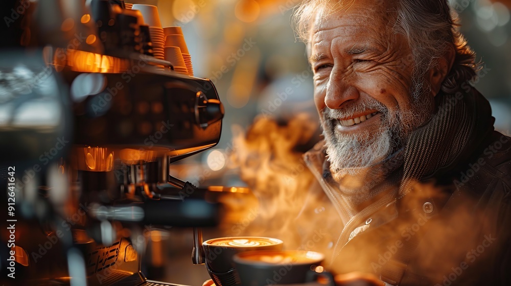 Smiling Man Enjoying Coffee at a Cafe Smiling Man Enjoying Coffee at a Cafe