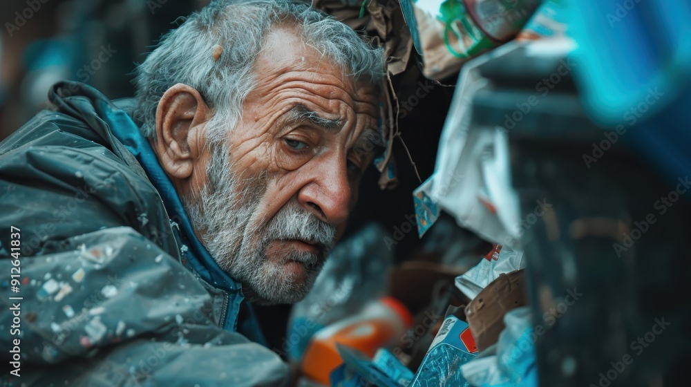 An elderly man digs through a pile of refuse, reflecting on his challenging circumstances An elderly man digs through a pile of refuse, reflecting on his challenging circumstances