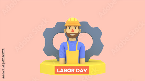 3d render illustration of labor day greetings with workers and gear on the back