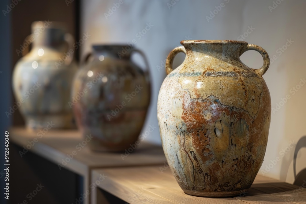 Three rustic ceramic vases with unique patterns and textures, displayed on a wooden shelf Three rustic ceramic vases with unique patterns and textures, displayed on a wooden shelf
