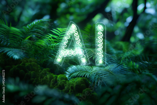 Glowing AI letters in lush forest environment concept photo